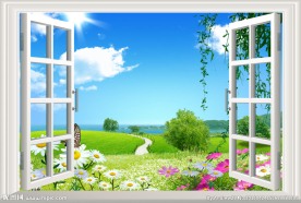 3D窗户蓝天草地风景