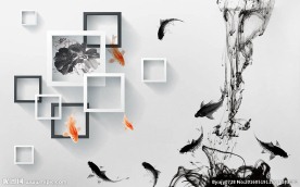 现代简约水墨九鱼背景墙