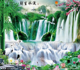 流水生财中式山水仙鹤背景墙·