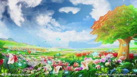 唯美花海蓝天白云大树卡通风景