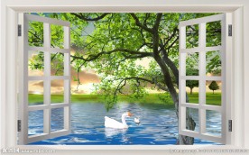 窗外天鹅湖绿树火烧云分层背景墙