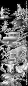 山水屏风顶箱柜浮雕灰度图