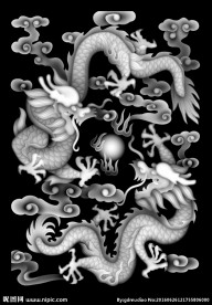 祥云双龙戏球浮雕柜门浮雕灰度图