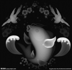 鲤鱼梅花喜鹊祝贺浮雕灰度图