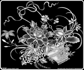 菊花荷花牡丹花篮门板灰度浮雕图