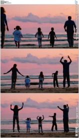 大人小孩奔向大海欢呼跳跃