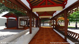 校园中式古典长廊景观效果图