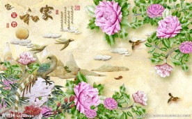 家和富贵牡丹有雕背景墙