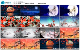 梅花月亮折扇湖水江南水乡雪花