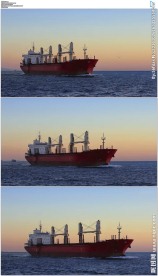 黄昏海面航行的货船