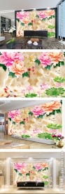 玉雕3D家和富贵牡丹电视背景墙