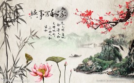 水墨山水画荷塘月色背景墙