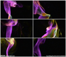 紫色和黄色烟雾在黑色背景下上升