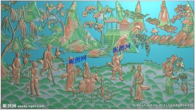八仙过海山水风景精雕浮雕灰度