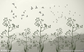 现代手绘树林飞鸟背景墙