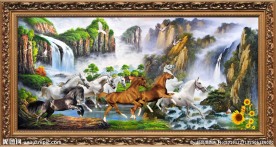 油画风景 八骏图