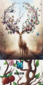 高清水彩麋鹿壁画（不分层）