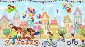 卡通街道儿童骑车背景