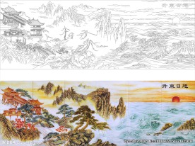 旭日东升山水艺术玻璃矢量图线条
