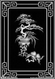松树桃子花盆博古灰度图