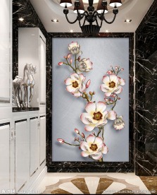 新中式立体浮雕花朵玄关背景墙