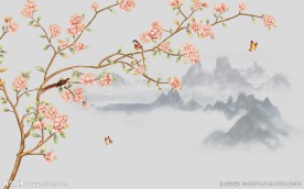 新中式手绘工笔花鸟电视背景墙