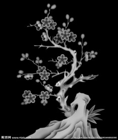 梅花花鸟精雕灰度图