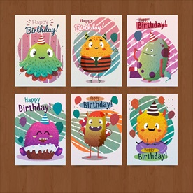 精致矢量有趣小怪物生日贺卡