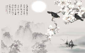 新中式水墨山水花卉电视背景墙