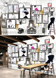 奥黛丽赫本老照片怀旧木纹背景墙