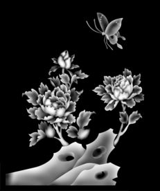 牡丹花鸟蝴蝶精雕浮雕灰度
