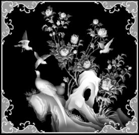 牡丹花鸟凤凰精雕浮雕灰度