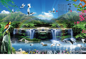 山水风景背景墙流水生财背景墙