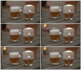 在户外长凳上喝一杯啤酒