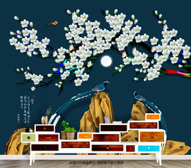 手绘花鸟画 新中式风格唯美壁画