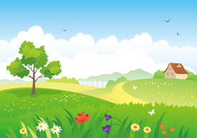 蓝天草地白云卡通背景