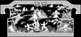人物山水仿古大床靠背精雕灰度
