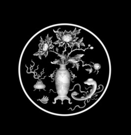 牡丹花瓶如意圆屏风精雕浮雕灰度