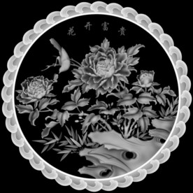 花开富贵圆盘挂屏精雕浮雕灰度