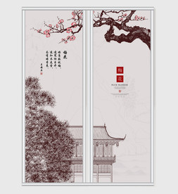 大气中国风梅花庭院移门