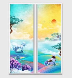 水彩独角兽梦幻童话移门