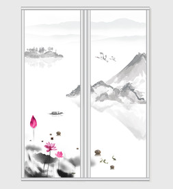 中国风山水荷花移门