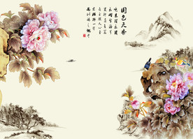 中式国山水花鸟色天香电视背景墙