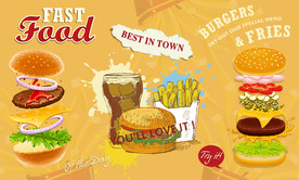 手绘可乐薯条汉堡快餐店背景墙