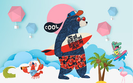 海滩派对可爱卡通背景墙