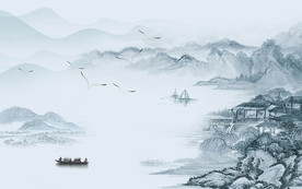 蓝色山水背景墙