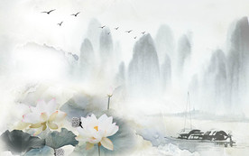 写意山水荷花背景墙