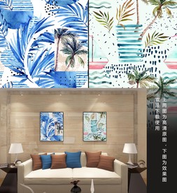 高清手绘蓝色热带雨林装饰画