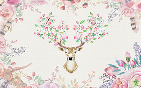 手绘麋鹿鲜花背景墙