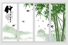 中国毛笔文字竹子山水工笔画移门